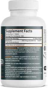 Suplemento de Vitamina D3 10,000 IU Bronson 360 Tabletas Non-GMO