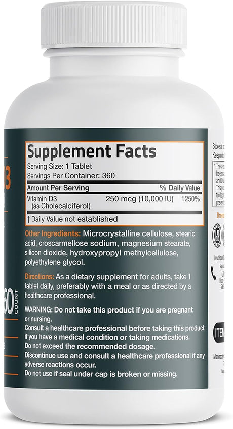 Suplemento de Vitamina D3 10,000 IU Bronson 360 Tabletas Non-GMO
