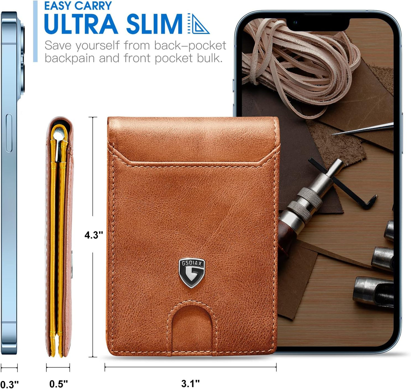 Billetera Slim GSOIAX RFID, Cuero, Bifold, Clip de Dinero