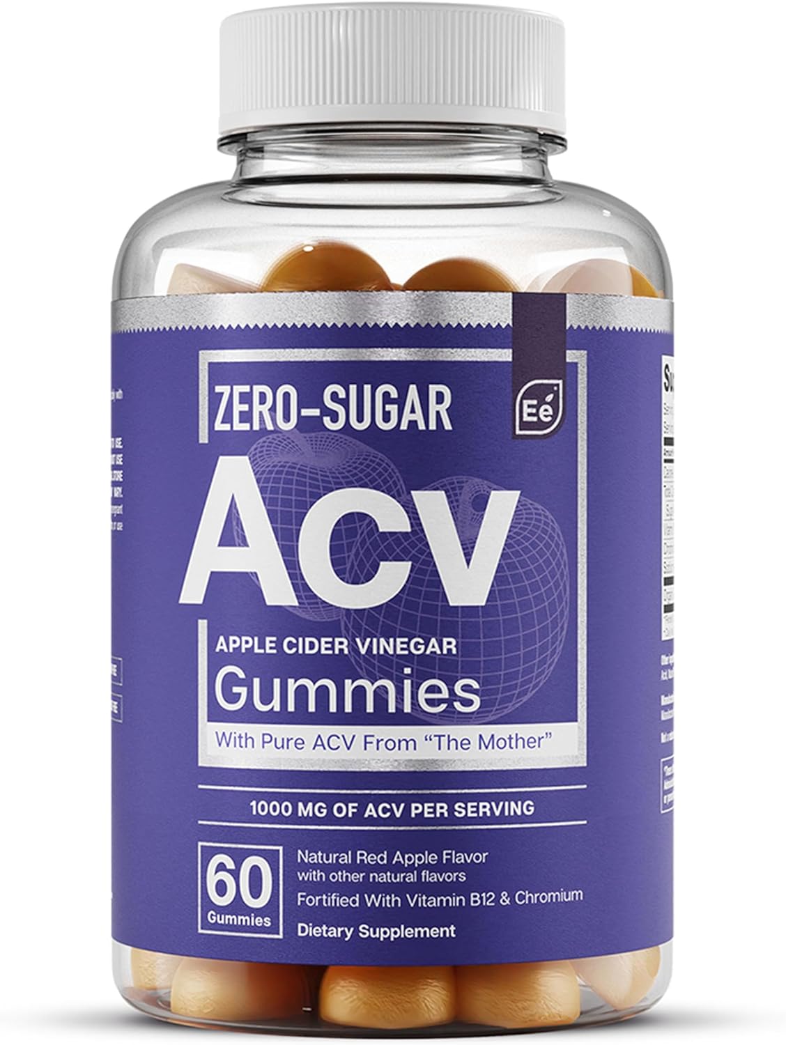 Essential Elements Gomitas de vinagre de sidra de manzana ACV sin azúcar de &#34;The Mother&#34; - Gomitas veganas ACV de origen natural con ácido fólico y vitamina B12, 60 unidades