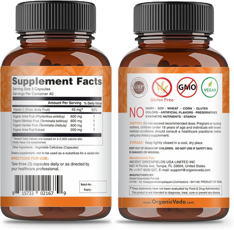Suplemento Organic Veda Triphala Cápsulas  limpieza de colon