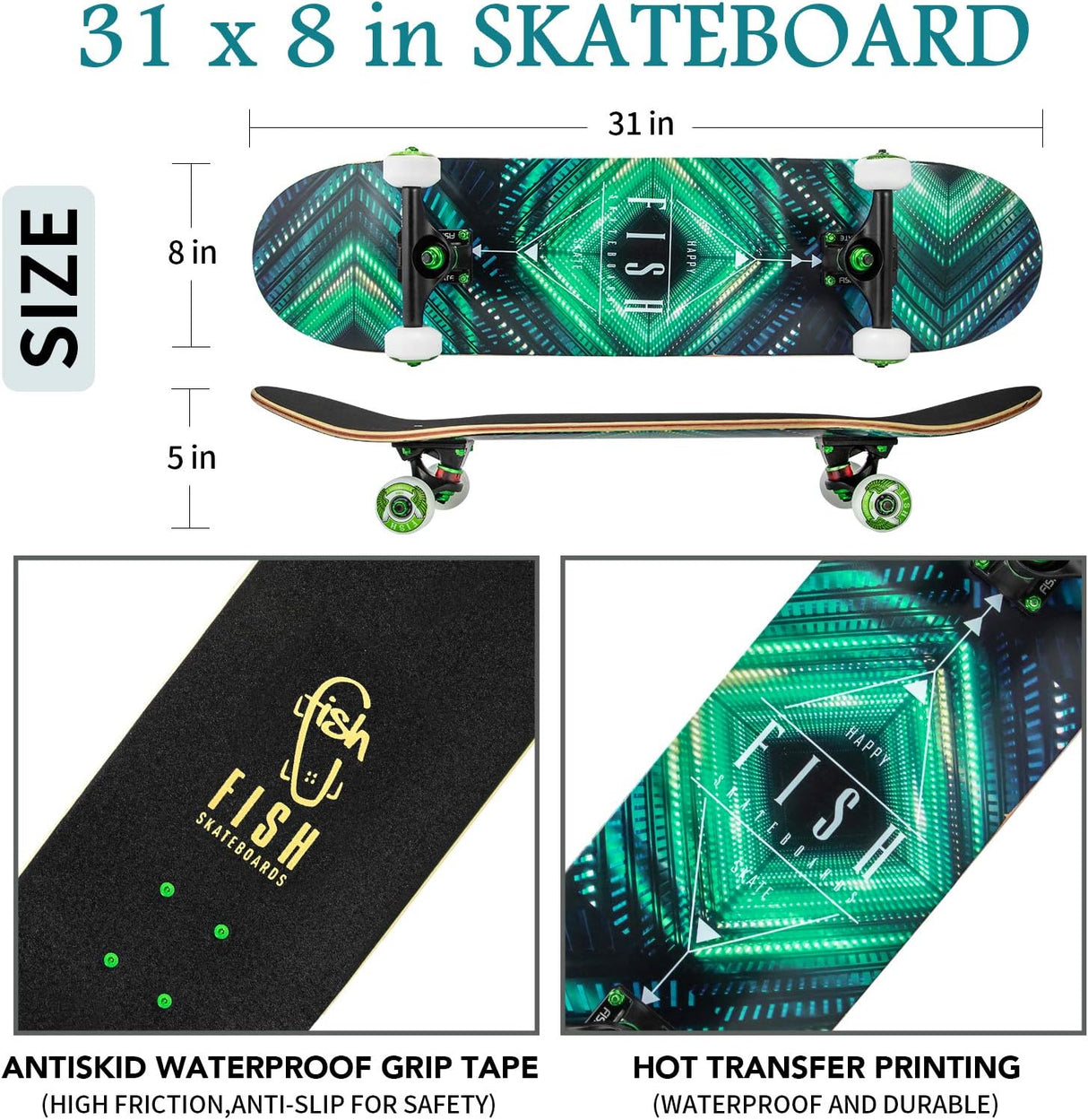 Patineta Completa 31''x8'', Madera de Arce, Doble Kick