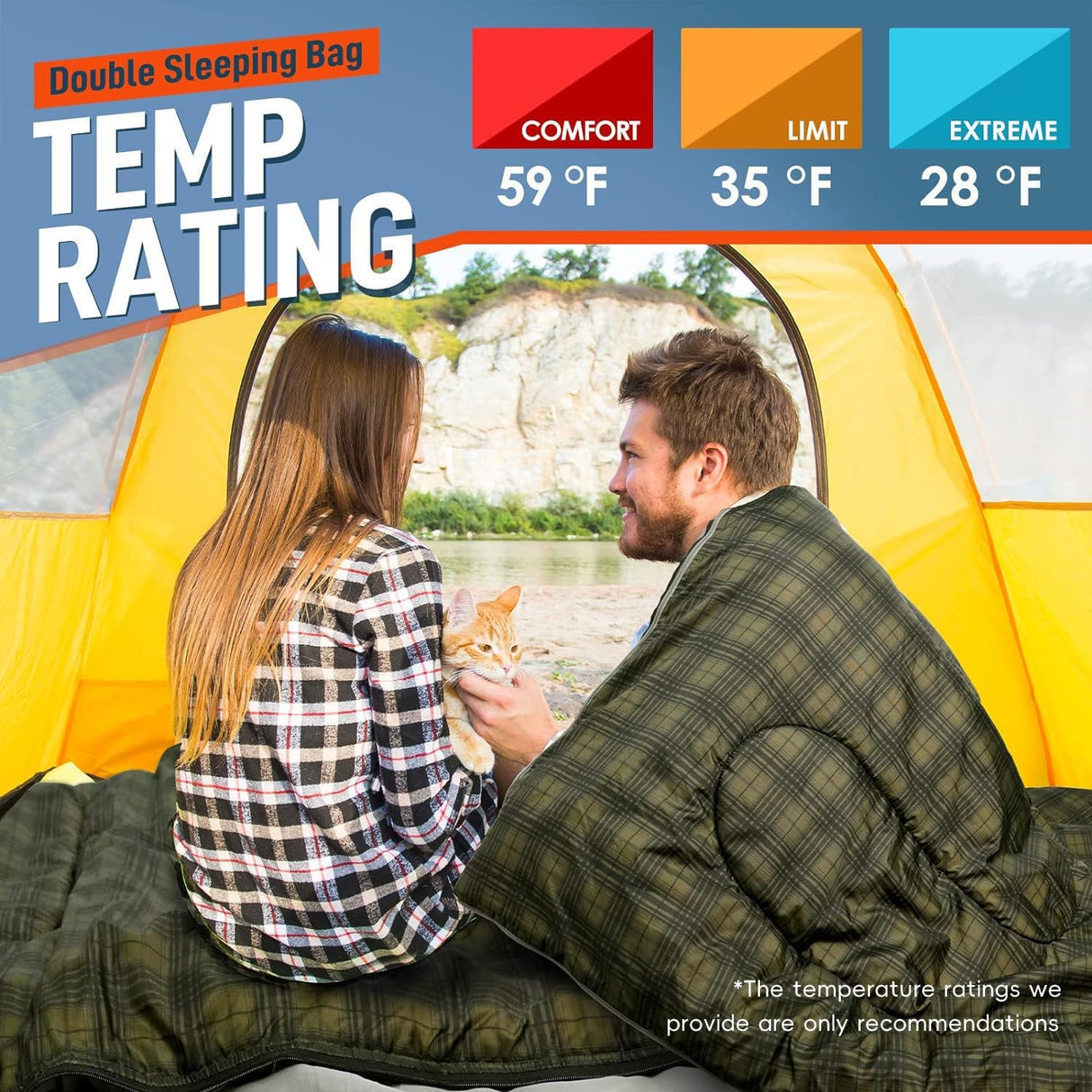 Saco de dormir doble XL tamaño Queen para acampar