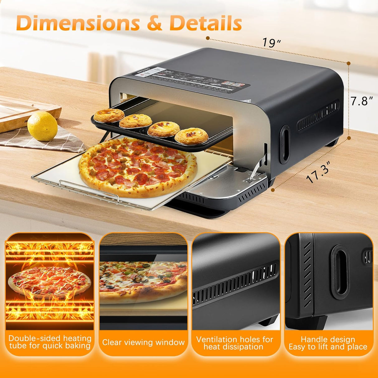 Horno de pizza eléctrico 800°F, portátil 12” para casa y comercio