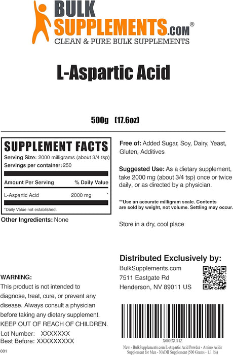 Suplemento BULKSUPPLEMENTS.COM Polvo de ácido L-aspártico