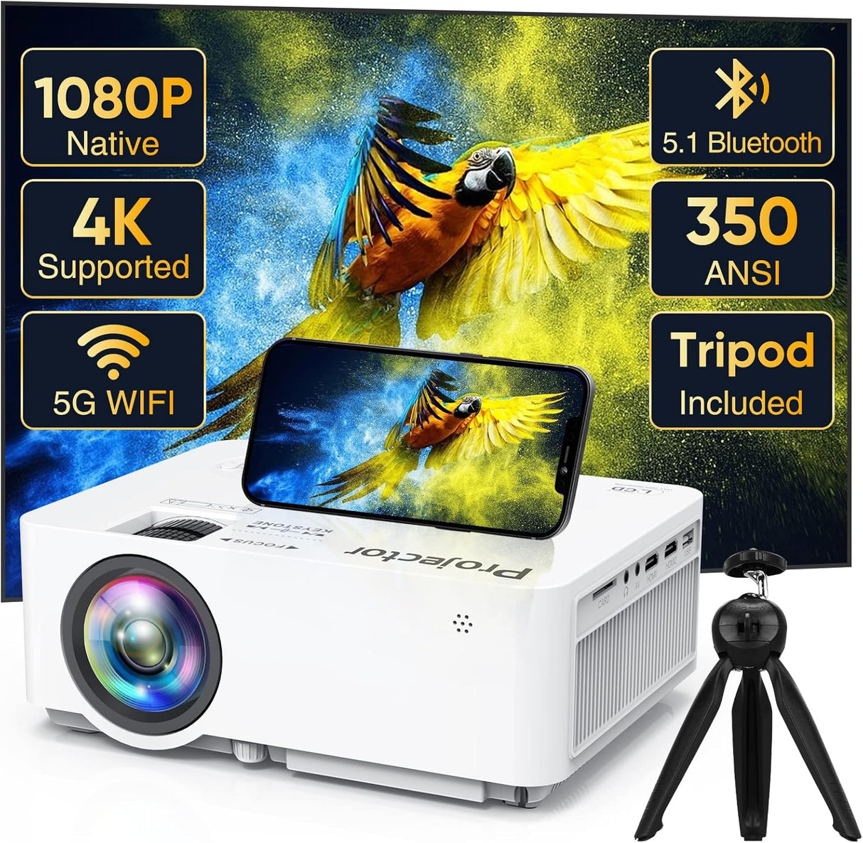 Proyector 1080P, portátil, WiFi 5G, compatible 4K, Tripod