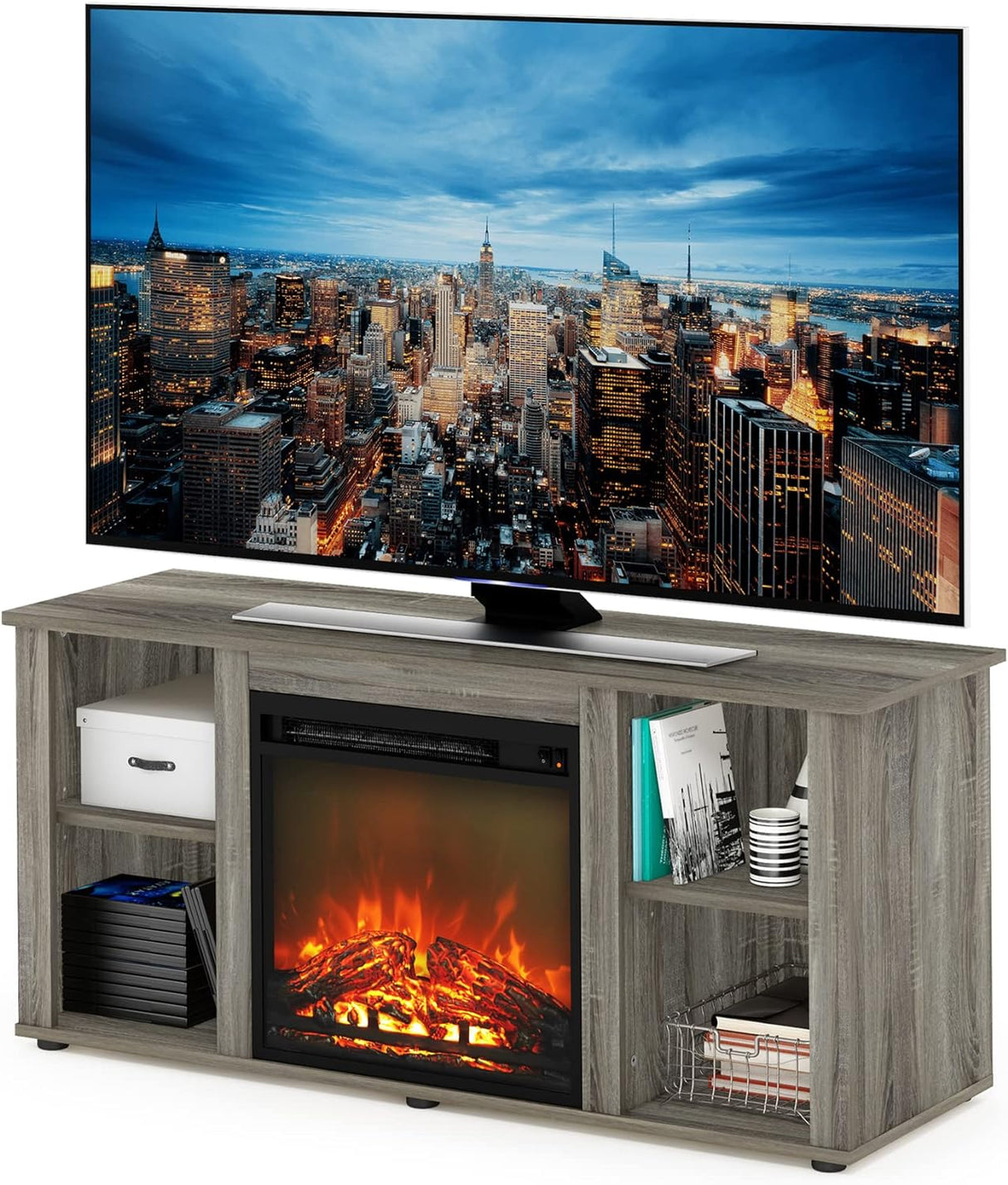 Soporte para TV con chimenea y almacenamiento, Jensen