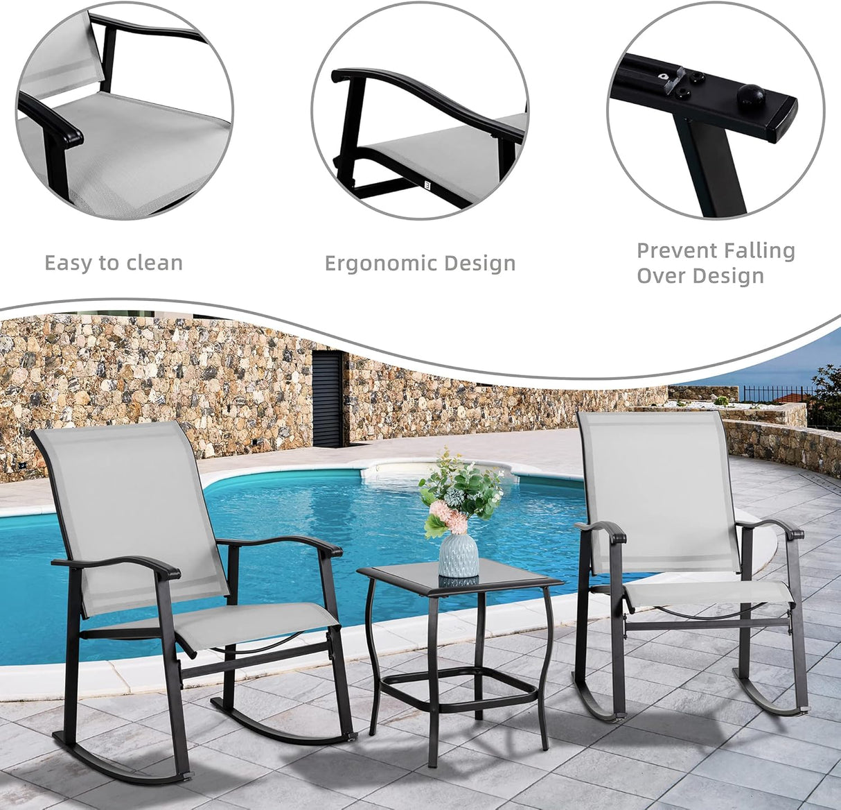 Vongrasig Juego de 3 piezas de muebles de patio pequeños de tela textileno, juego de muebles de patio pequeños, juego de conversación con mesa de vidrio para césped, jardín, balcón, piscina (gris claro)