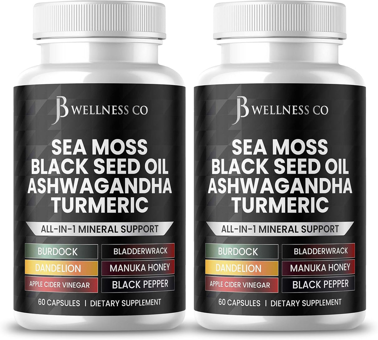 Suplemento de Sea Moss y Aceite de Semilla Negra con Ashwagandha, Miel, ACV y más - 120 cápsulas