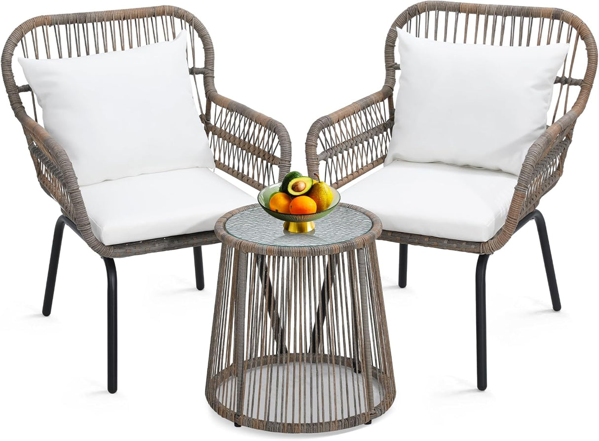 Wildformers Juego de 3 piezas de mimbre de mimbre, juego de conversación al aire libre, juego de muebles de mimbre con mesa superior de cristal, ahorro de espacio para balcón, patio trasero, natural