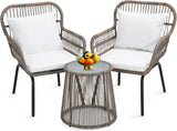 Wildformers Juego de 3 piezas de mimbre de mimbre, juego de conversación al aire libre, juego de muebles de mimbre con mesa superior de cristal, ahorro de espacio para balcón, patio trasero, natural