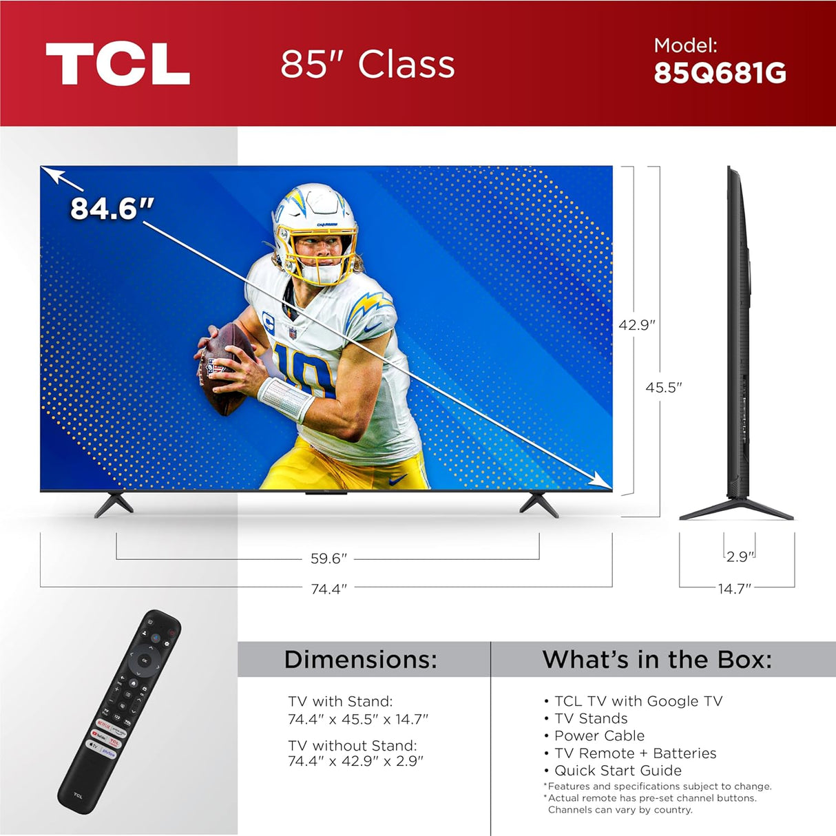 Televisor TCL 85 Q68 QLED 4K UHD, Dolby Vision, 85Q681G