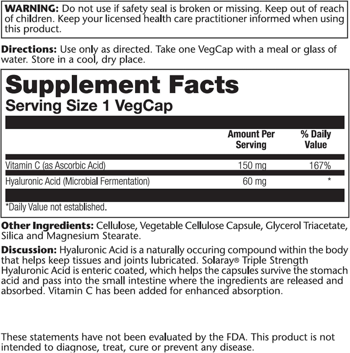 Ácido Hialurónico Triple Fuerza 60mg 30 VegCaps SOLARAY