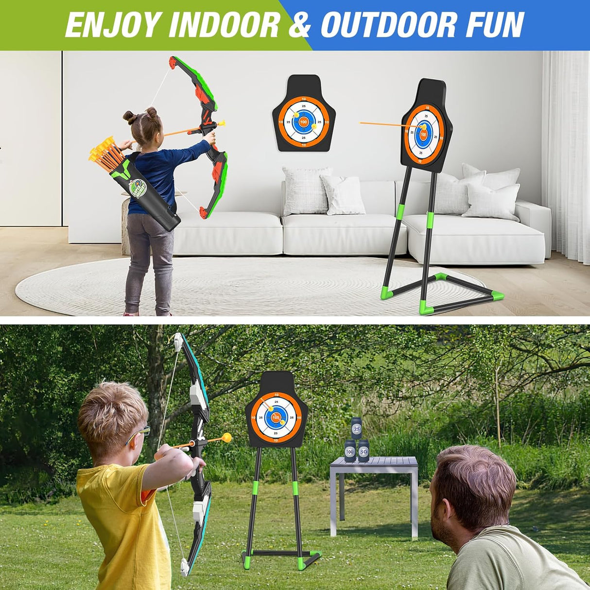 Juego de Arcos y Flechas LED para Niños, 24 Flechas, 2 Carcaj