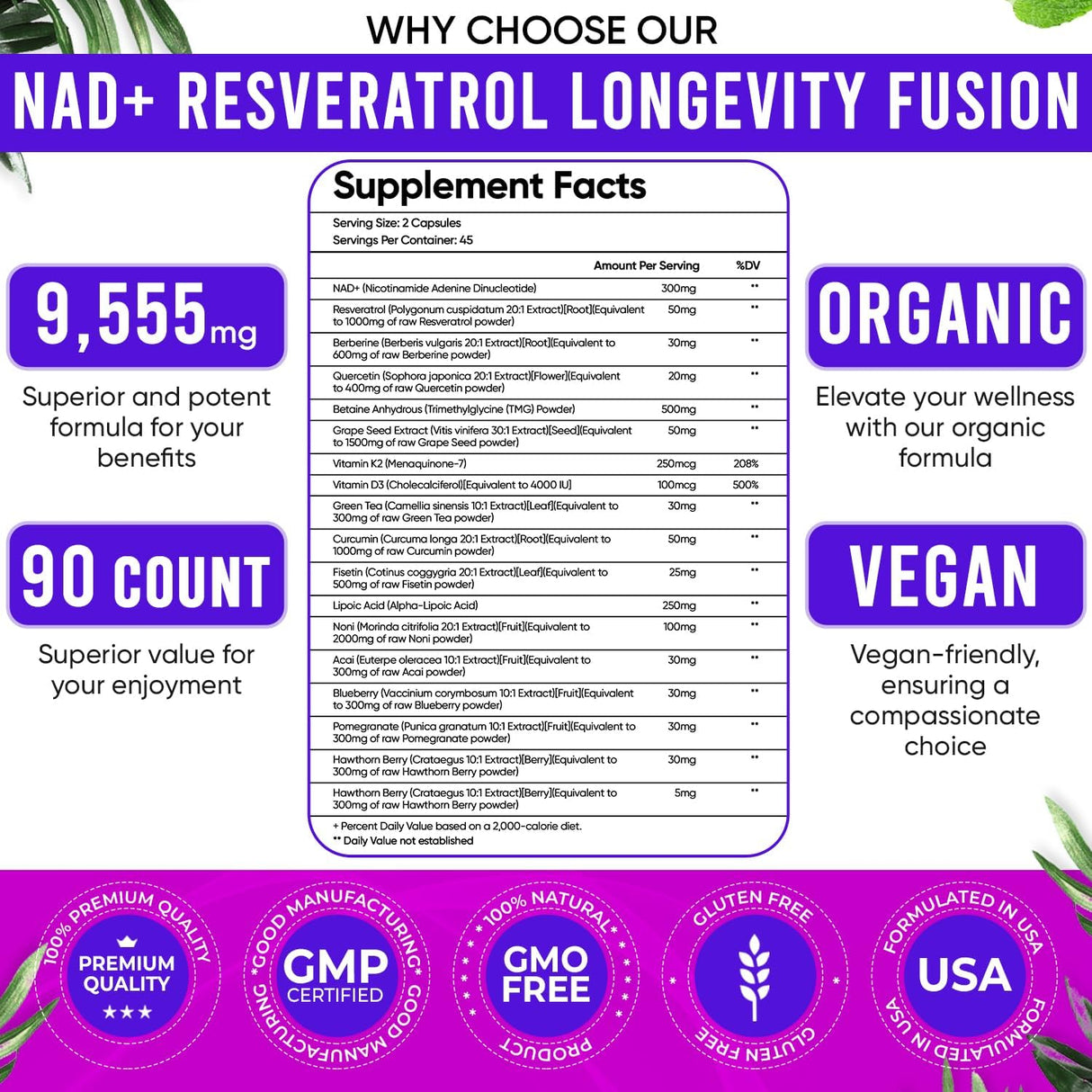 Suplemento NAD 300mg y Resveratrol 1000mg, Fórmula Orgánica