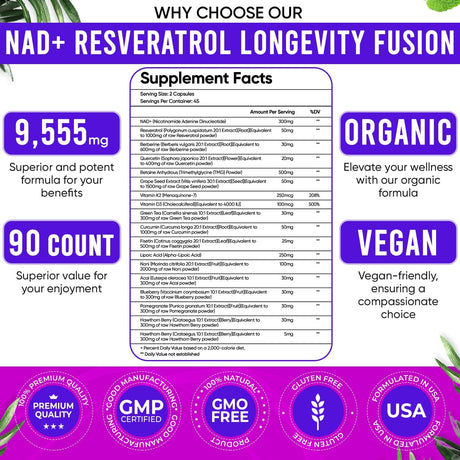 Suplemento NAD 300mg y Resveratrol 1000mg, Fórmula Orgánica
