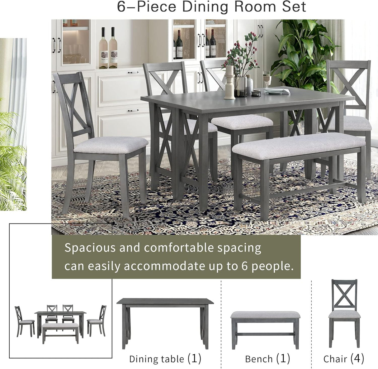 Juego de Comedor Familiar de 6 Piezas con Mesa Plegable