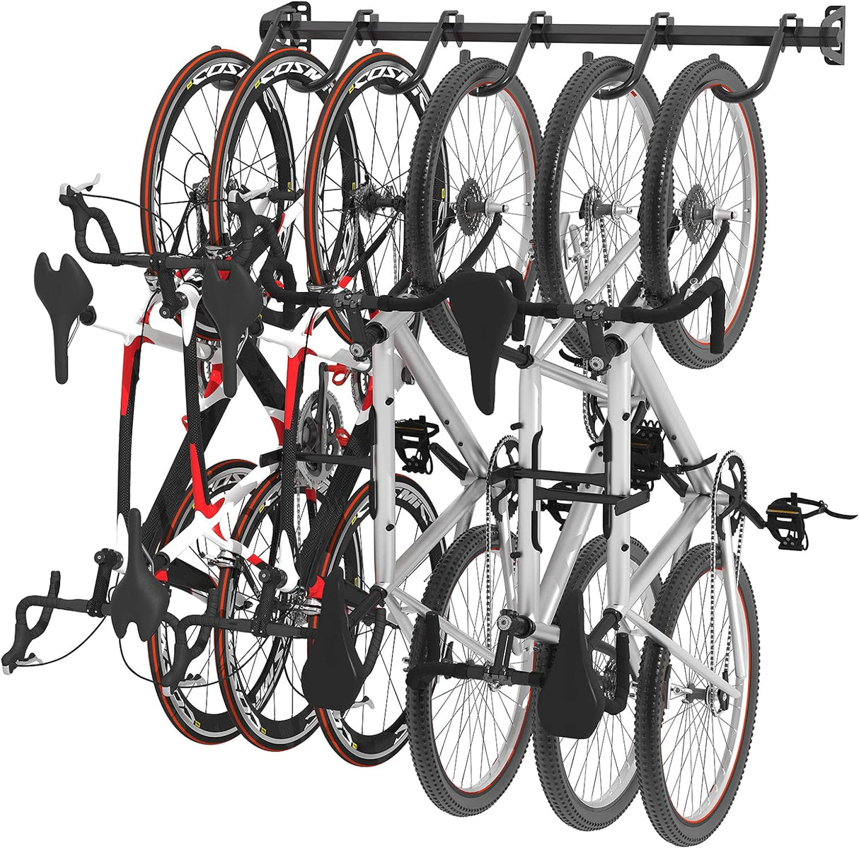 Soporte de pared resistente para 6 bicicletas, hasta 300 lb