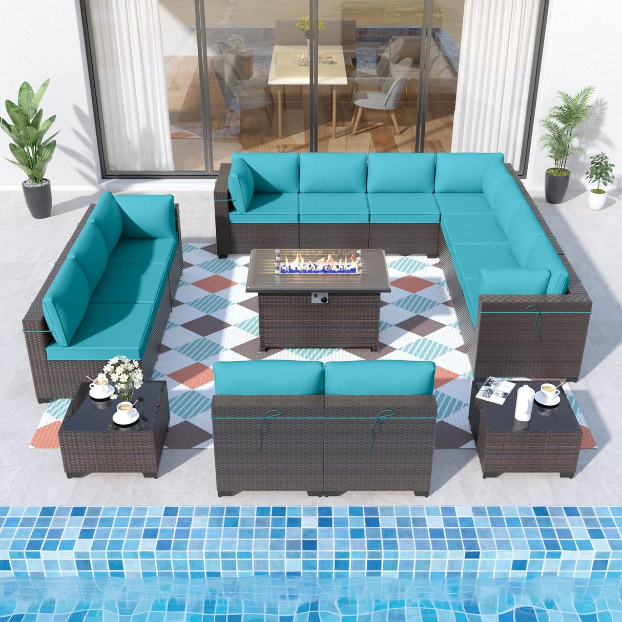 ALAULM Juego de 15 muebles de patio al aire libre con mesa para fogata de propano, juegos de sofás seccionales para exteriores, muebles de patio, fogata de gas de 43 pulgadas, juego de conversación de ratán de polietileno marrón con 12 cojines (azul)