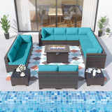 ALAULM Juego de 15 muebles de patio al aire libre con mesa para fogata de propano, juegos de sofás seccionales para exteriores, muebles de patio, fogata de gas de 43 pulgadas, juego de conversación de ratán de polietileno marrón con 12 cojines (azul)