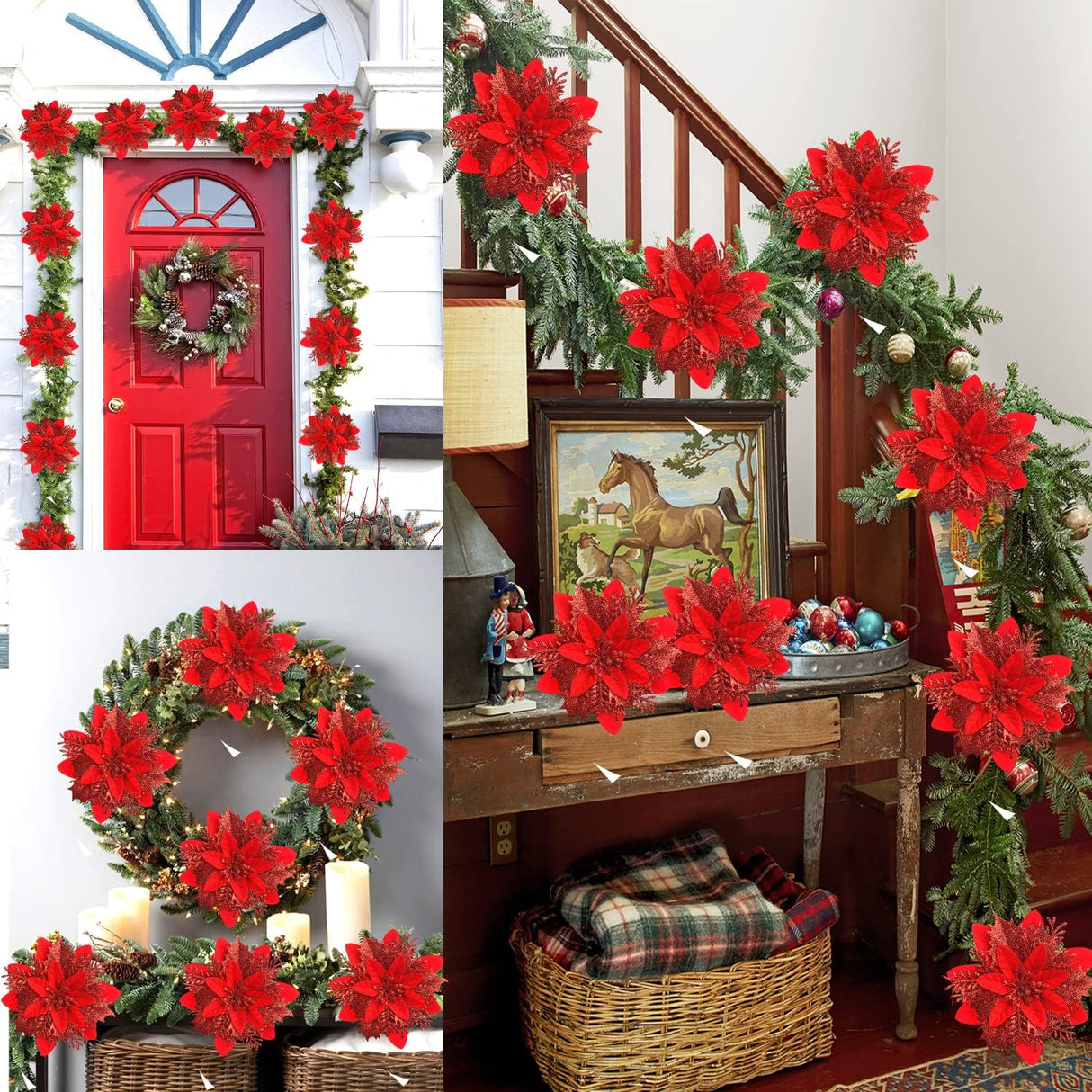 Flores Poinsettia Artificiales con Clips y Tallos, 15 Pcs