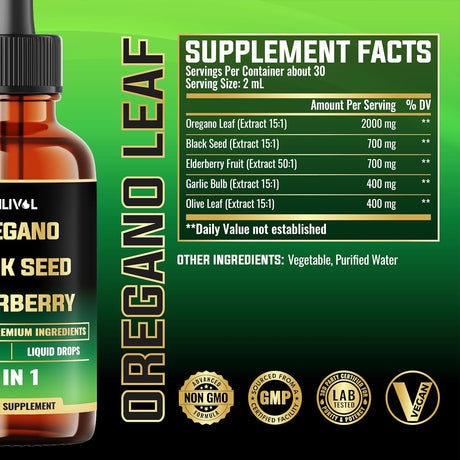 Oregano Oil Líquido 5en1 con SemillaNegra, Elderberry, Ajo, Olivo 2oz