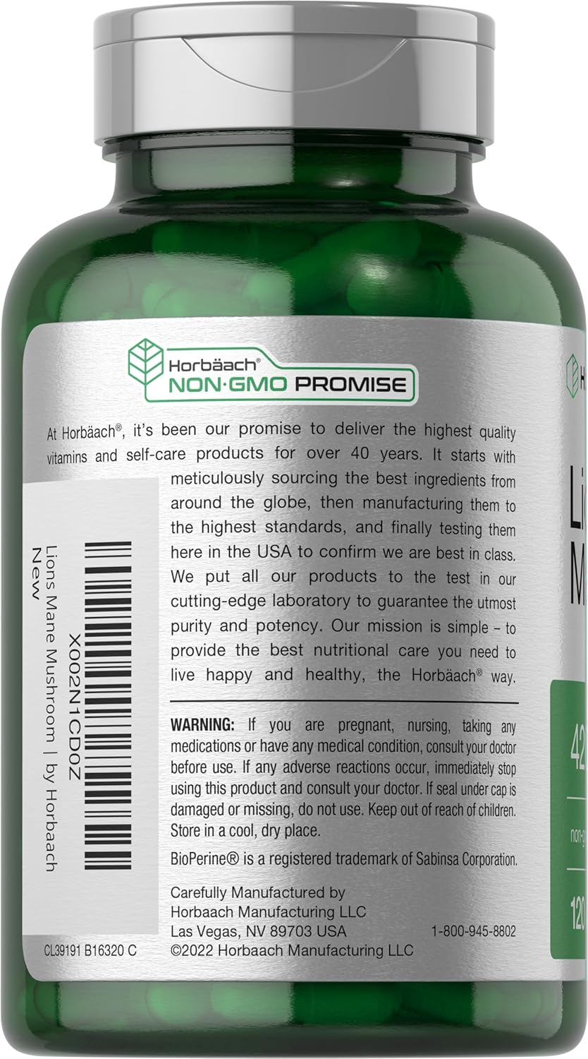 Extracto de Hongo Melena de León Horbäach 4200mg 120 Cápsulas