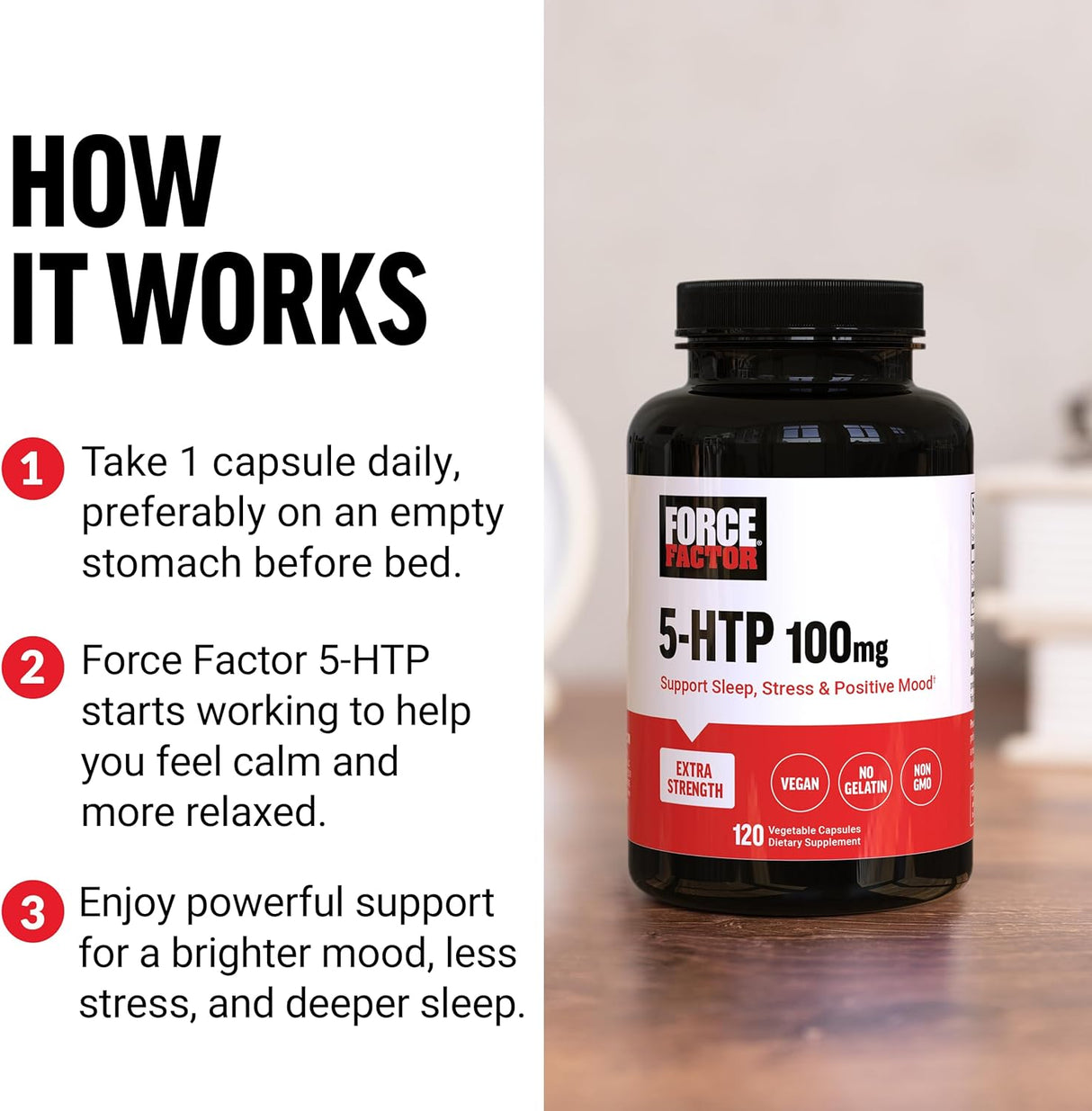 Suplemento de sueño FORCE FACTOR 5HTP, 120 cápsulas veganas