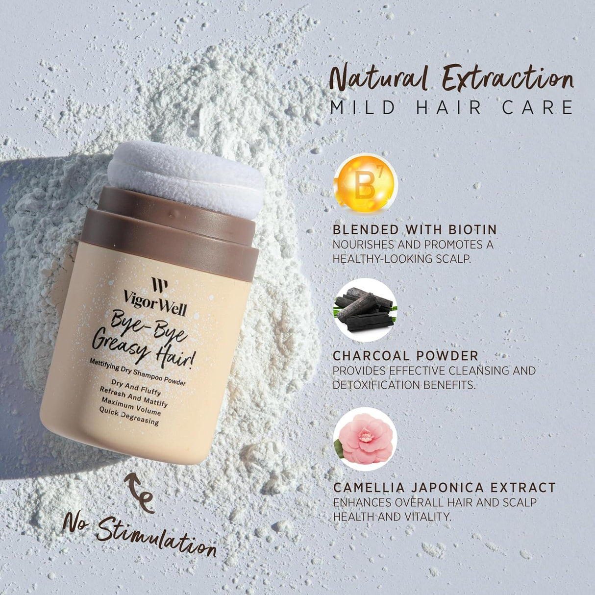 Shampoo seco en polvo para cabello oscuro VigorWell
