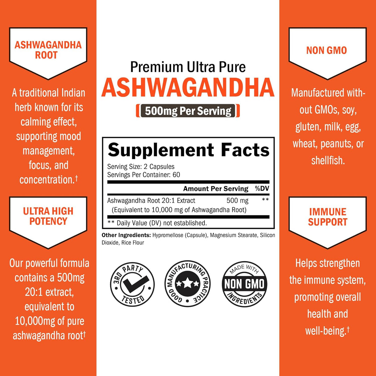 Suplementos de Ashwagandha - Extra Fuerte, 60 Cápsulas