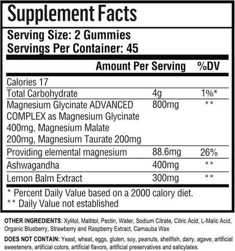 180 Gummies Magnesio Glycinato con Ashwagandha, Sin Azúcar