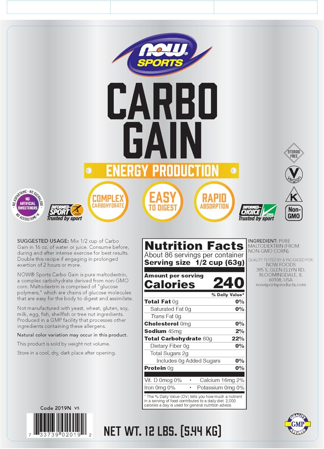 Suplemento de Nutrición Deportiva, NOW Foods, Carbo Gain, 12 lb