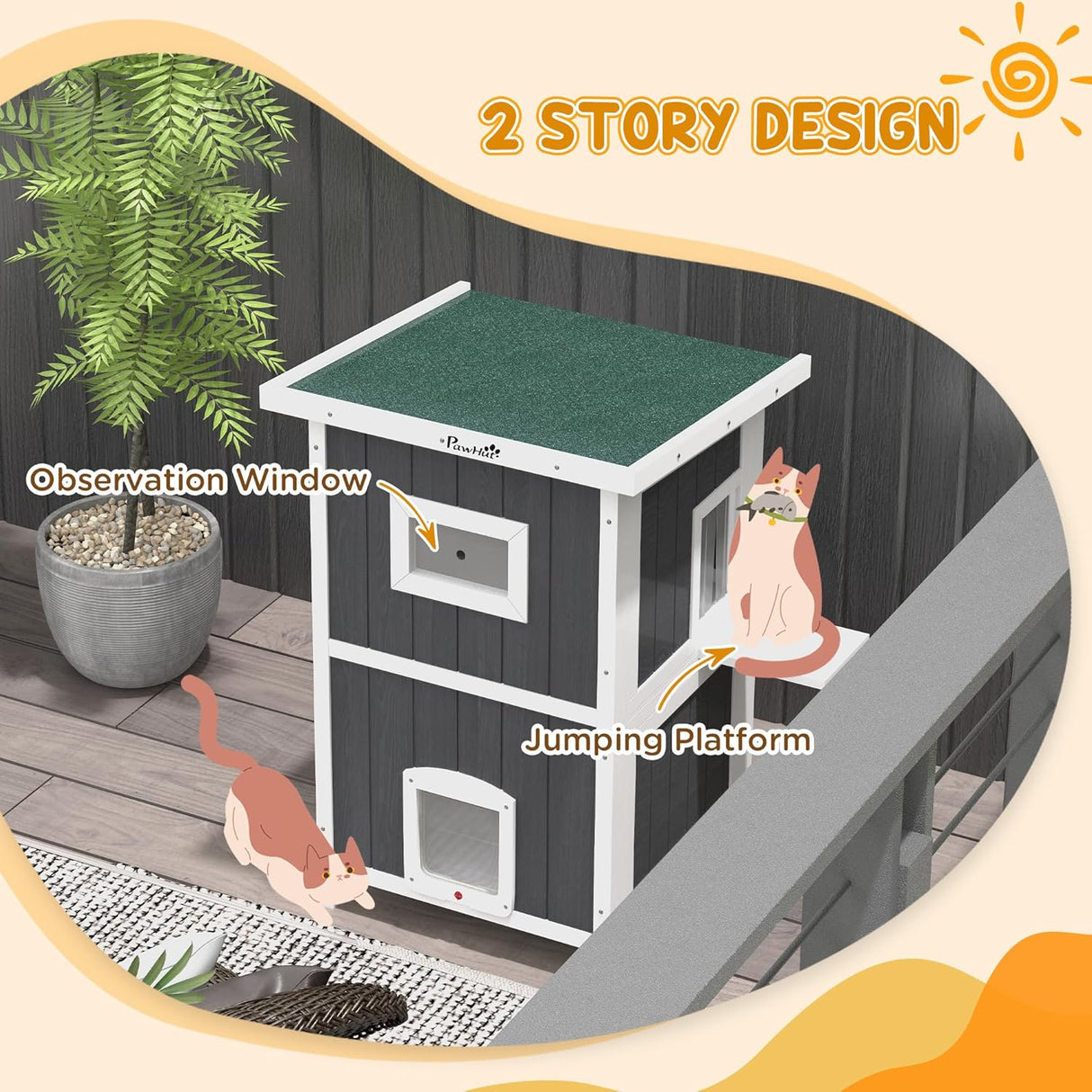 Casa para gatos PawHut, refugio exterior, 2 niveles, resistente
