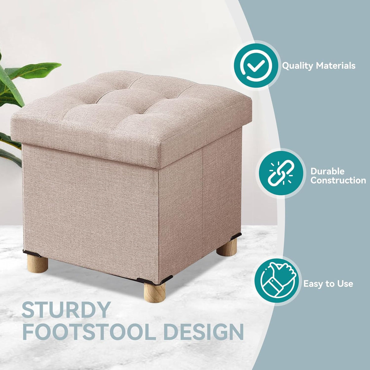 Ottomán Pequeño Plegable con Almacenamiento y Patas de Madera