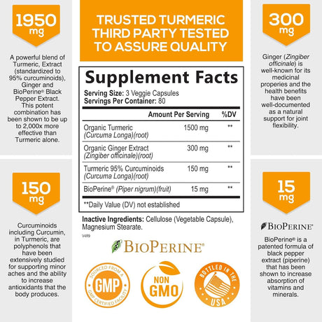 Suplemento Cúrcuma con BioPerine &amp; Jengibre 1950mg