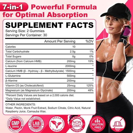 HMBLeucine Gummies, 3500mg, Muscular Recovery, Vegan, 60u