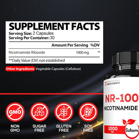Suplemento 1000mg NAD Nicotinamida Ribósido, 60 cápsulas