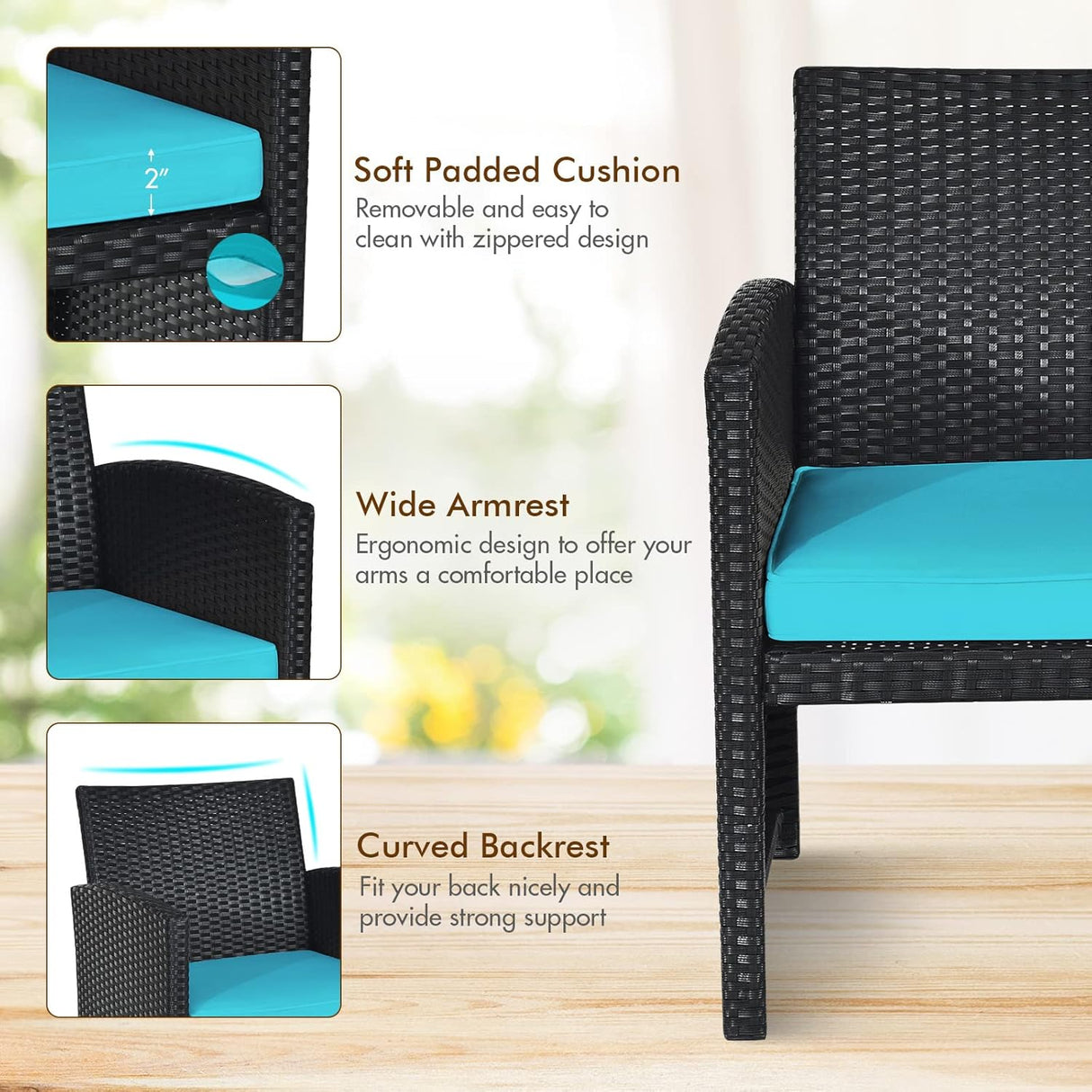 Goplus Juego de muebles de ratán para patio, 4 piezas, sofá y mesa de mimbre para exteriores con cojines suaves y mesa de centro de vidrio templado para balcón, jardín, patio trasero (turquesa)