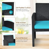 Goplus Juego de muebles de ratán para patio, 4 piezas, sofá y mesa de mimbre para exteriores con cojines suaves y mesa de centro de vidrio templado para balcón, jardín, patio trasero (turquesa)