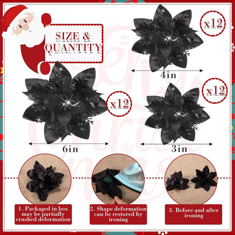 36 Piezas Flores Poinsettia Artificiales Navidad Clips 6/4/3 Pulgadas