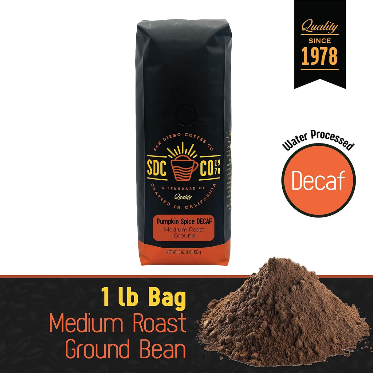Café San Diego DECAF Pumpkin Spice, Molido Tostado 16 oz