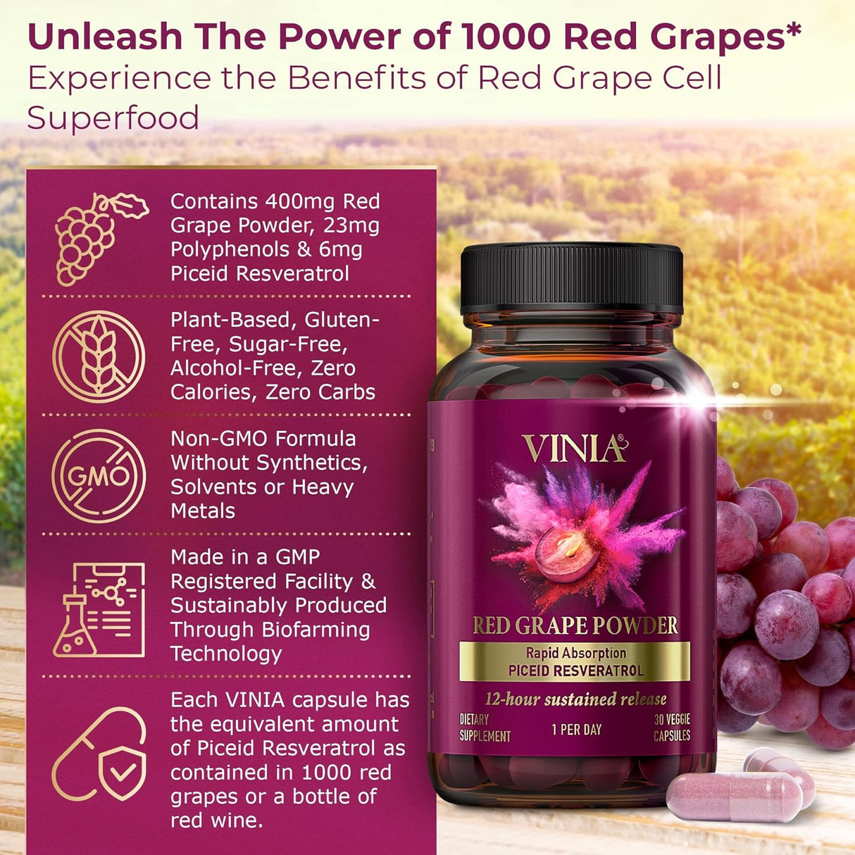 Suplemento Resveratrol Piceid de absorción rápida 90 días