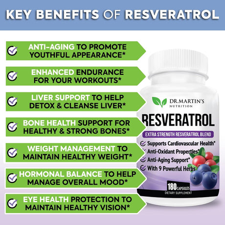 Suplemento Resveratrol extra fuerte 1568mg  180 cápsulas