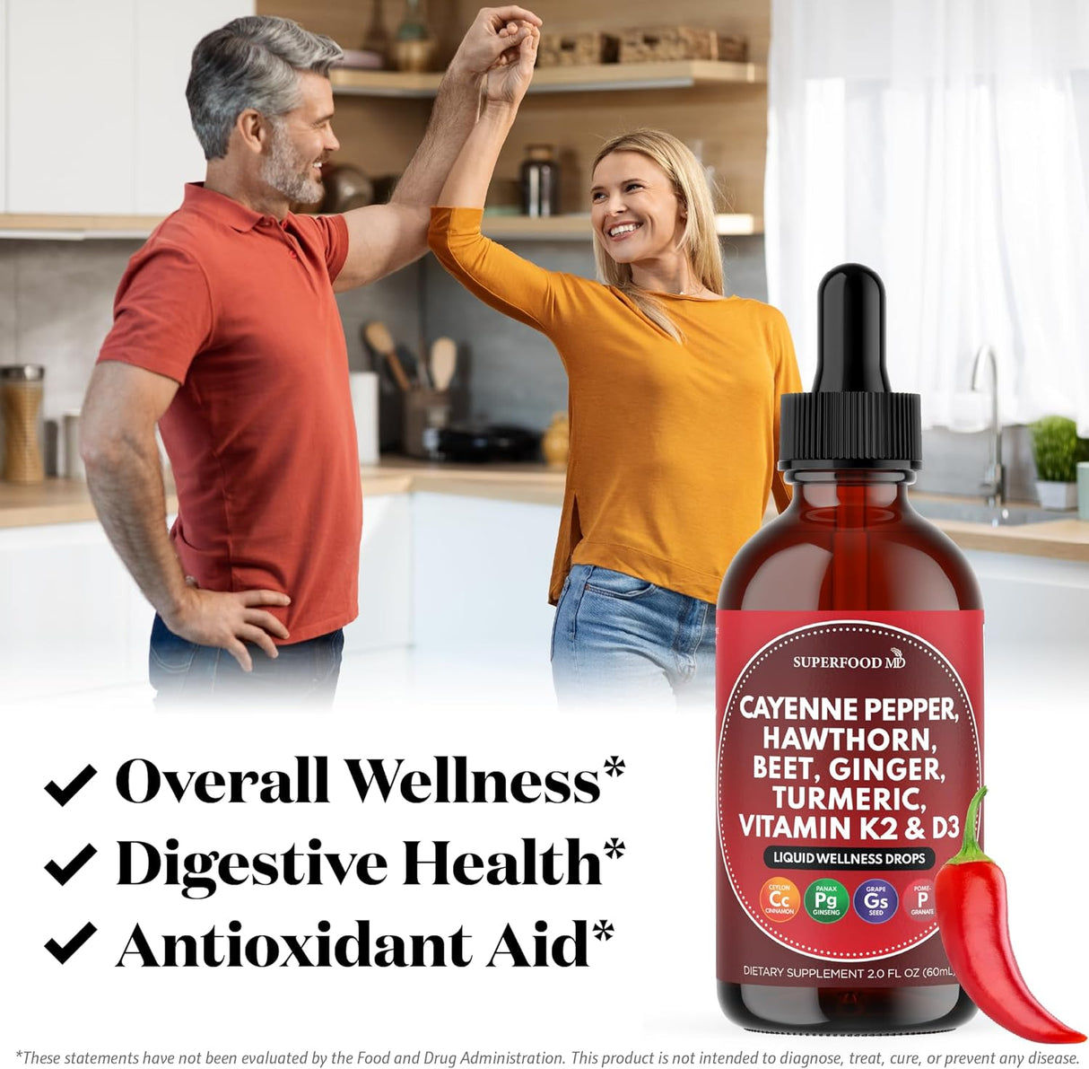 Suplemento Líquido Cayena + Baya de Sauco, D3 K2, Remolacha, Ceylon, Cúrcuma, Ginseng 4 OZ