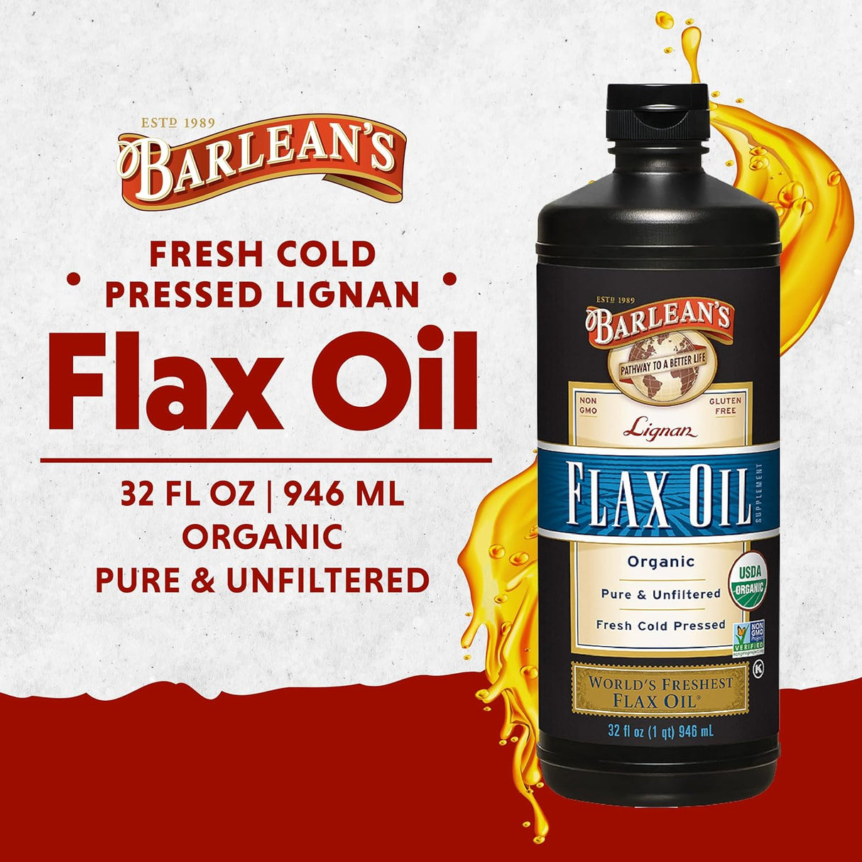Suplemento de Aceite de Linaza Barlean's, 32 oz, Omega-3 ALA