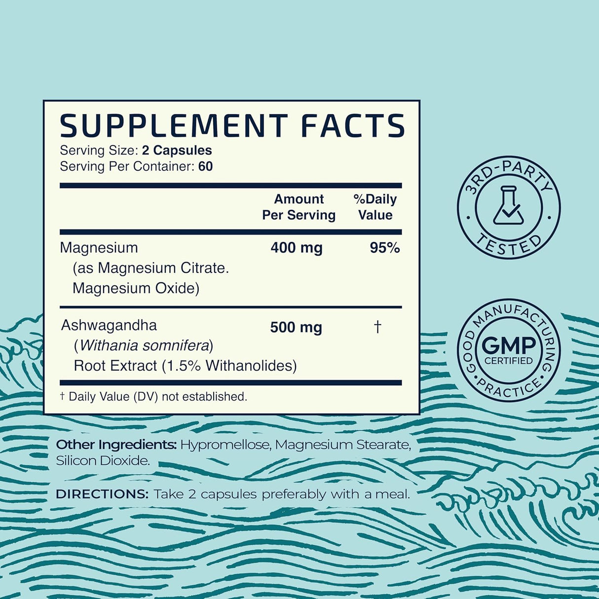 Suplemento de Magnesio Ashwagandha 400mg/500mg, 120 Ct