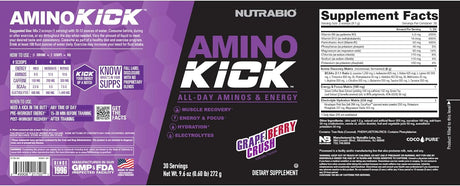 NutraBio Amino Kick BCAA Powder con Caffeine, 30 Raciones