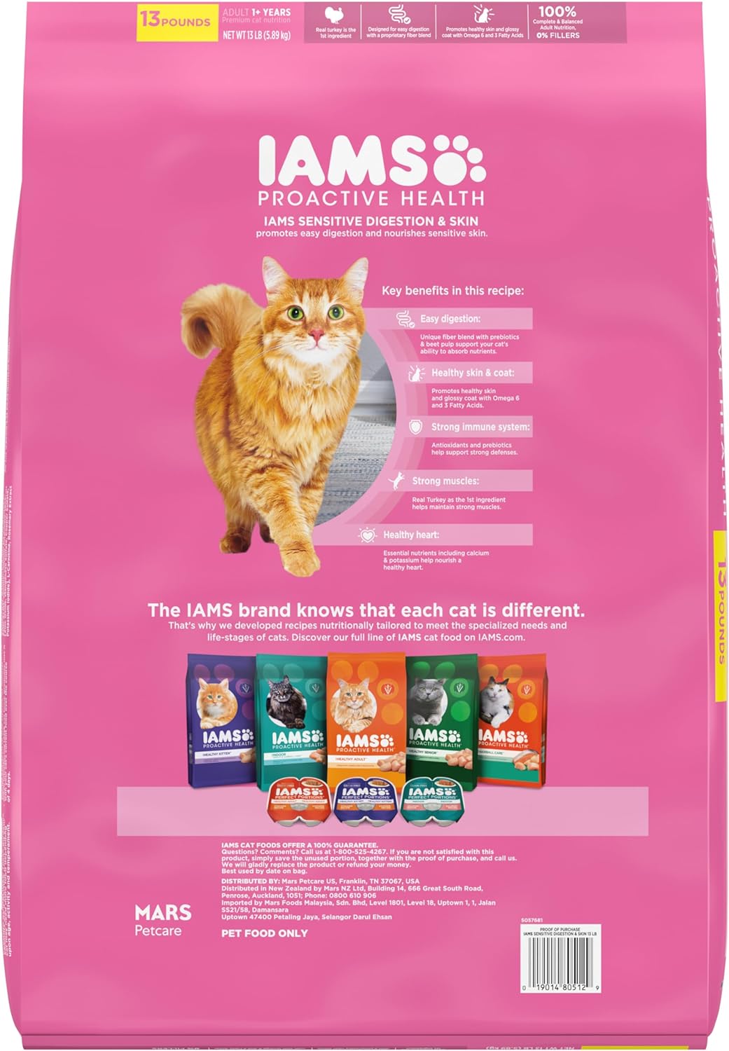 IAMS Proactive Health Adult Sensitive Digestion &amp; Skin Dry Cat Food with Turkey, 13 lb. Bag