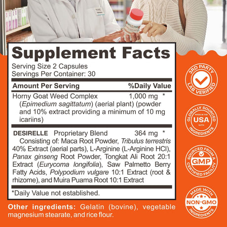 Suplemento para libido femenina, Hornygoatweed, Desirelle 60ct