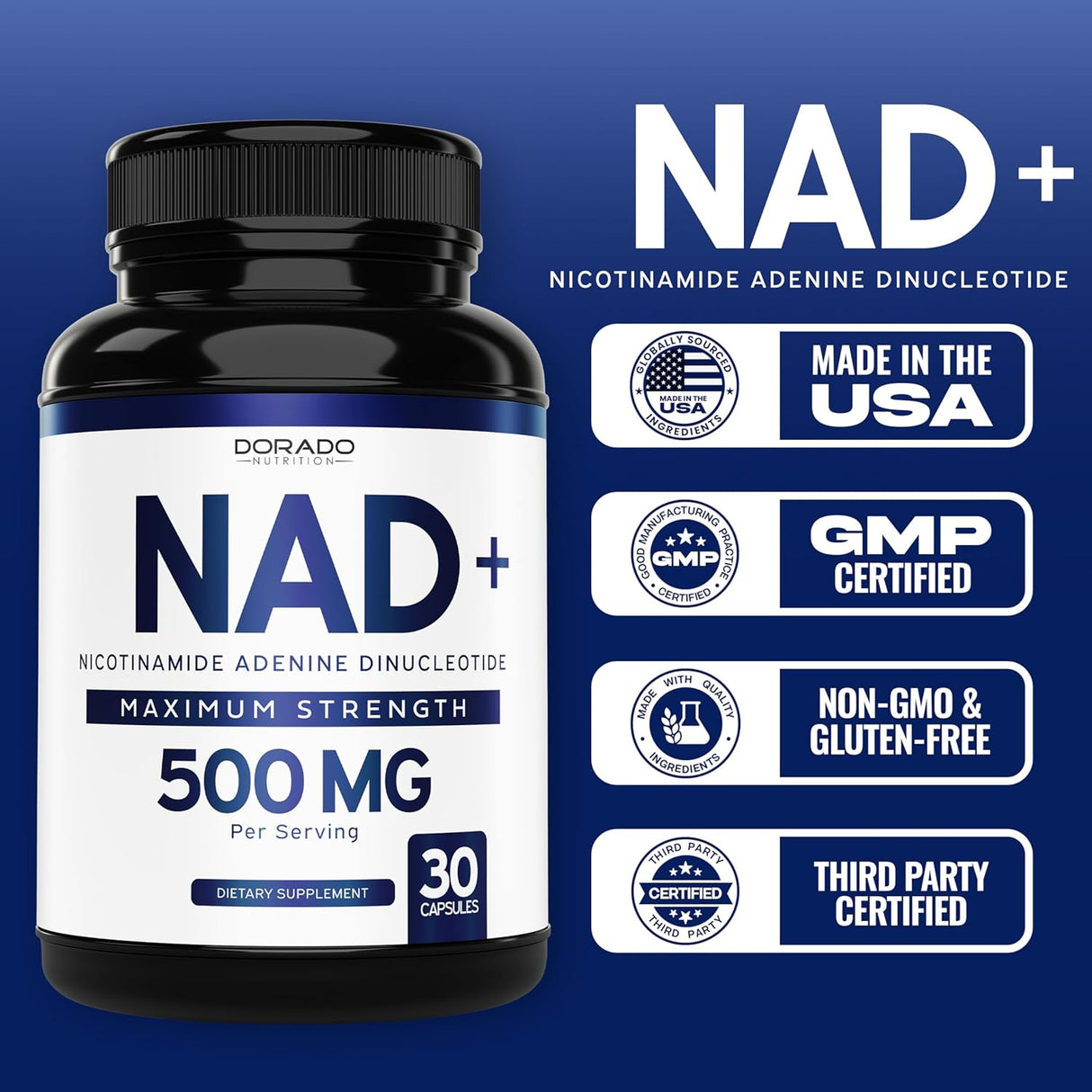 Suplemento NAD 500mg, NMN, Vegano, No GMO, 30 Cápsulas